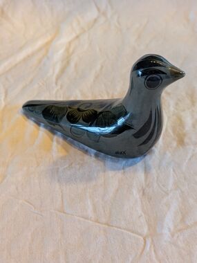 2/40$ Vintage Black Ceramic Tonola Bird Figurine with Subtle Floral Motif